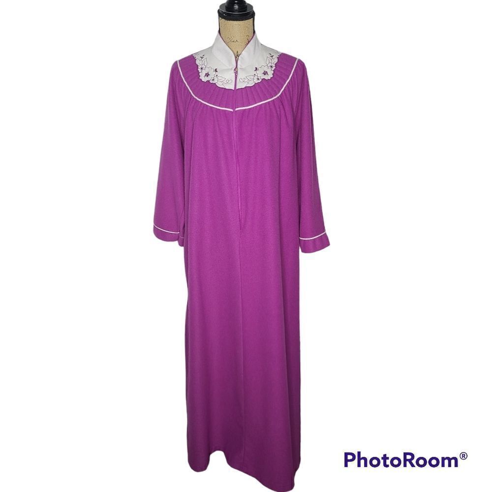 Vintage 80s Bright Purple Cozy Long Sleeve Maxi Length Night Gown House Dress